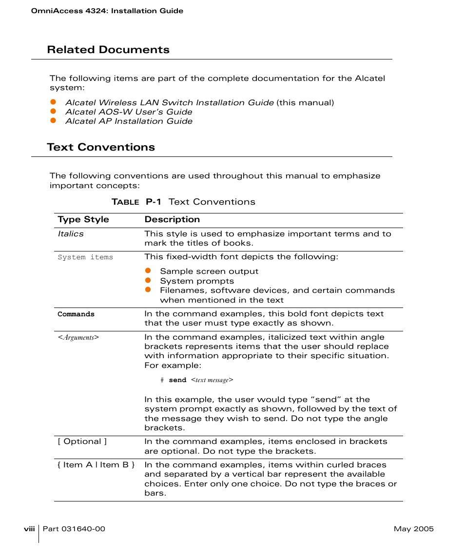 Related documents, Text conventions | Alcatel Carrier Internetworking Solutions Alcatel OmniAccess 4324 User Manual | Page 8 / 44