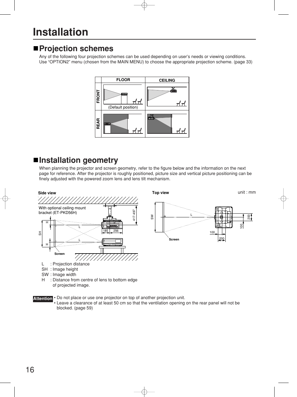 Installation, Installation geometry, Projection schemes | Panasonic PT-D4000E User Manual | Page 16 / 60