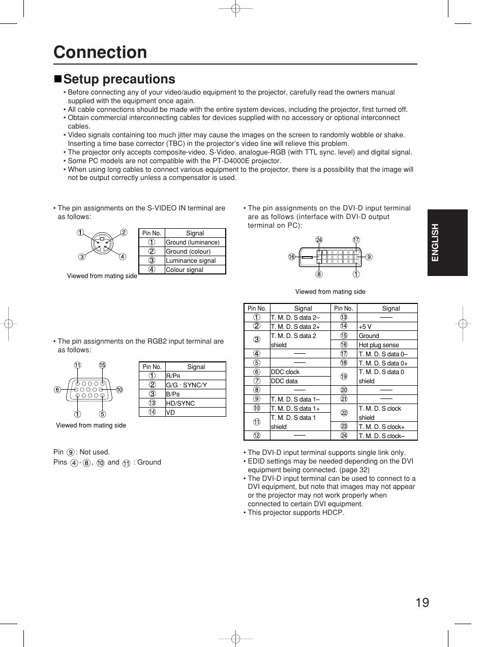 Connection, Setup precautions | Panasonic PT-D4000E User Manual | Page 19 / 60