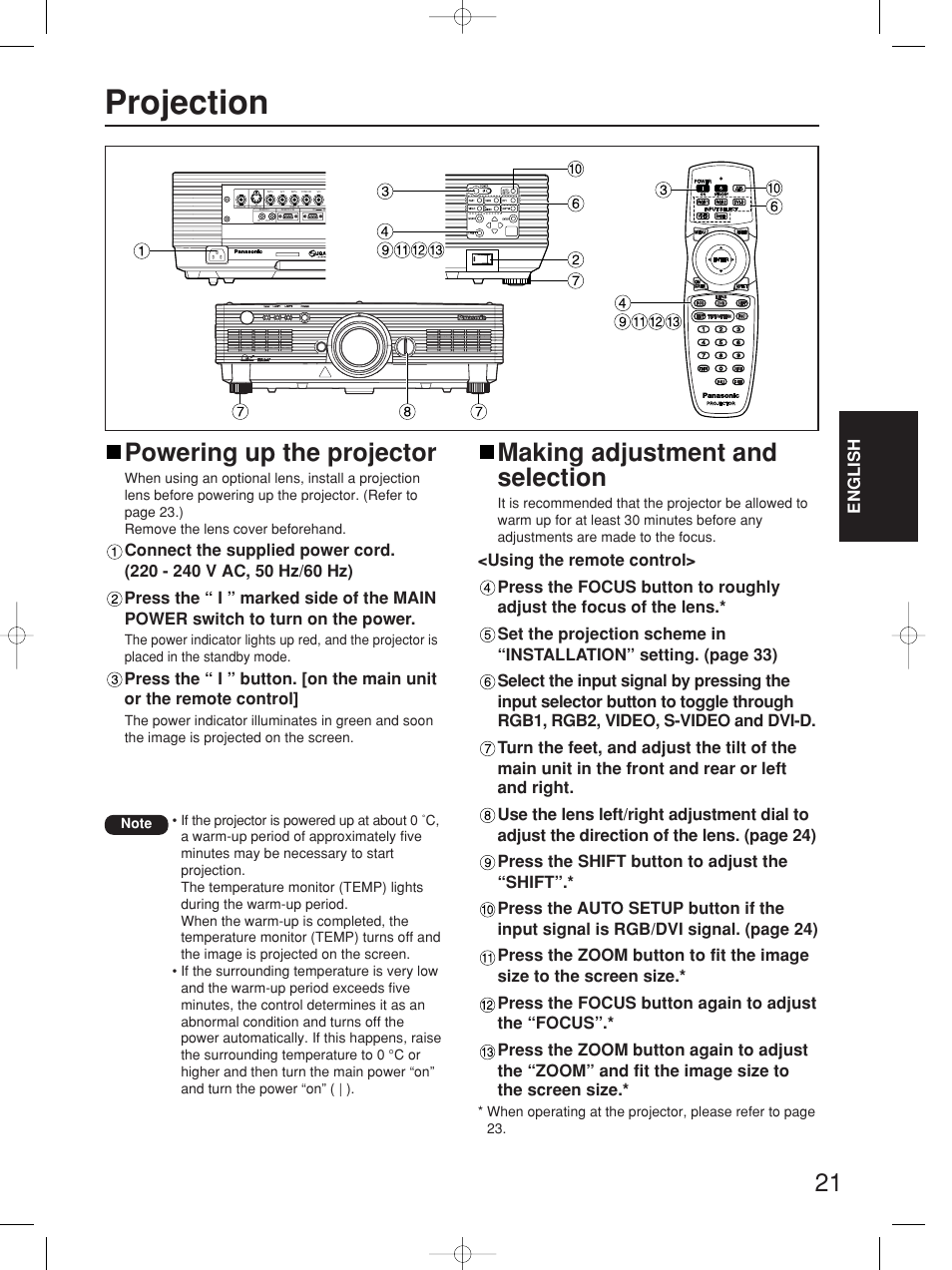 Projection, Powering up the projector, Making adjustment and selection | English | Panasonic PT-D4000E User Manual | Page 21 / 60