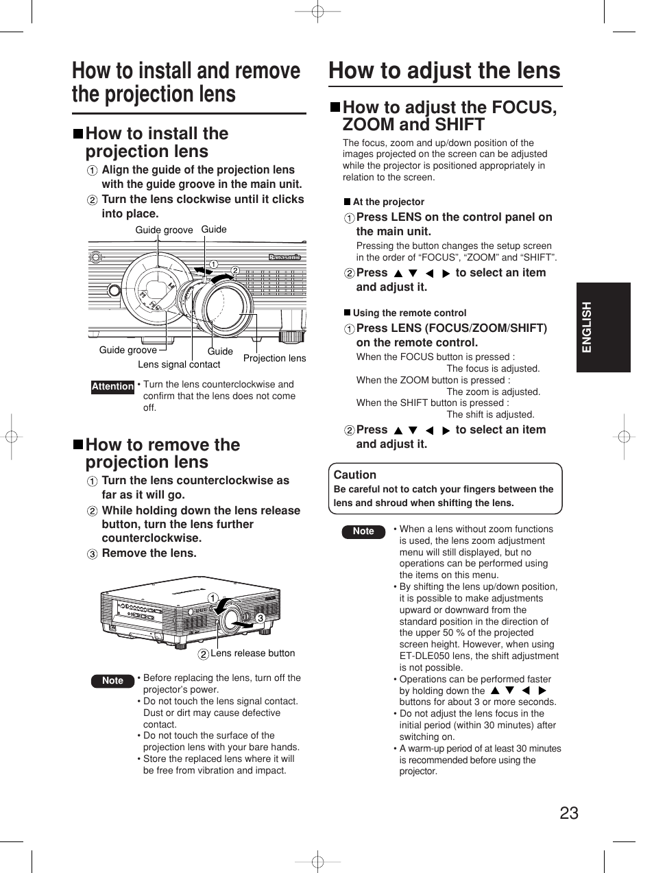 How to install the projection lens, How to remove the projection lens, How to adjust the focus, zoom and shift | Panasonic PT-D4000E User Manual | Page 23 / 60