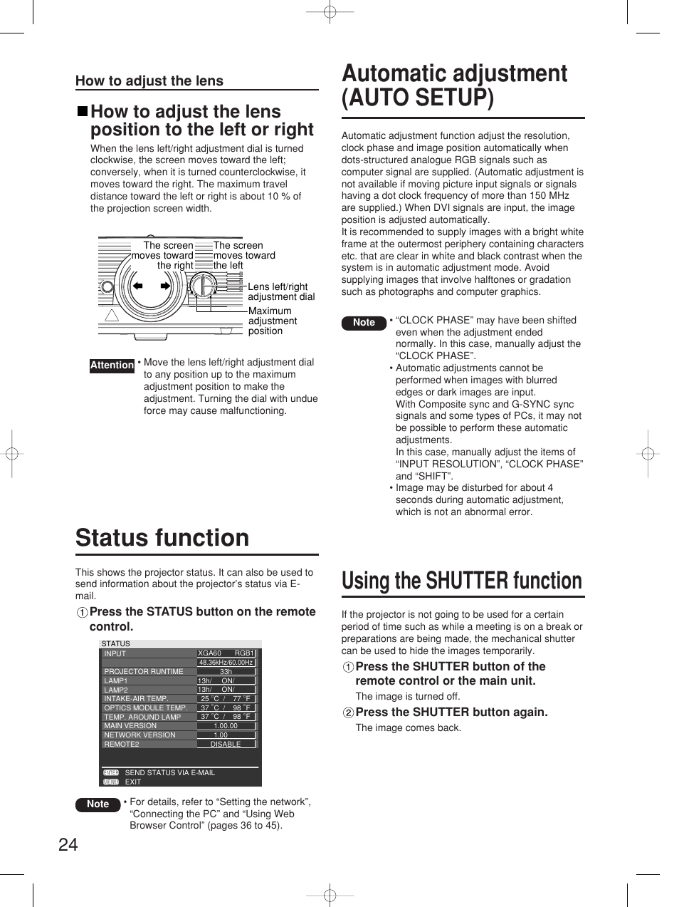 Automatic adjustment (auto setup), Using the shutter function, Status function | How to adjust the lens | Panasonic PT-D4000E User Manual | Page 24 / 60