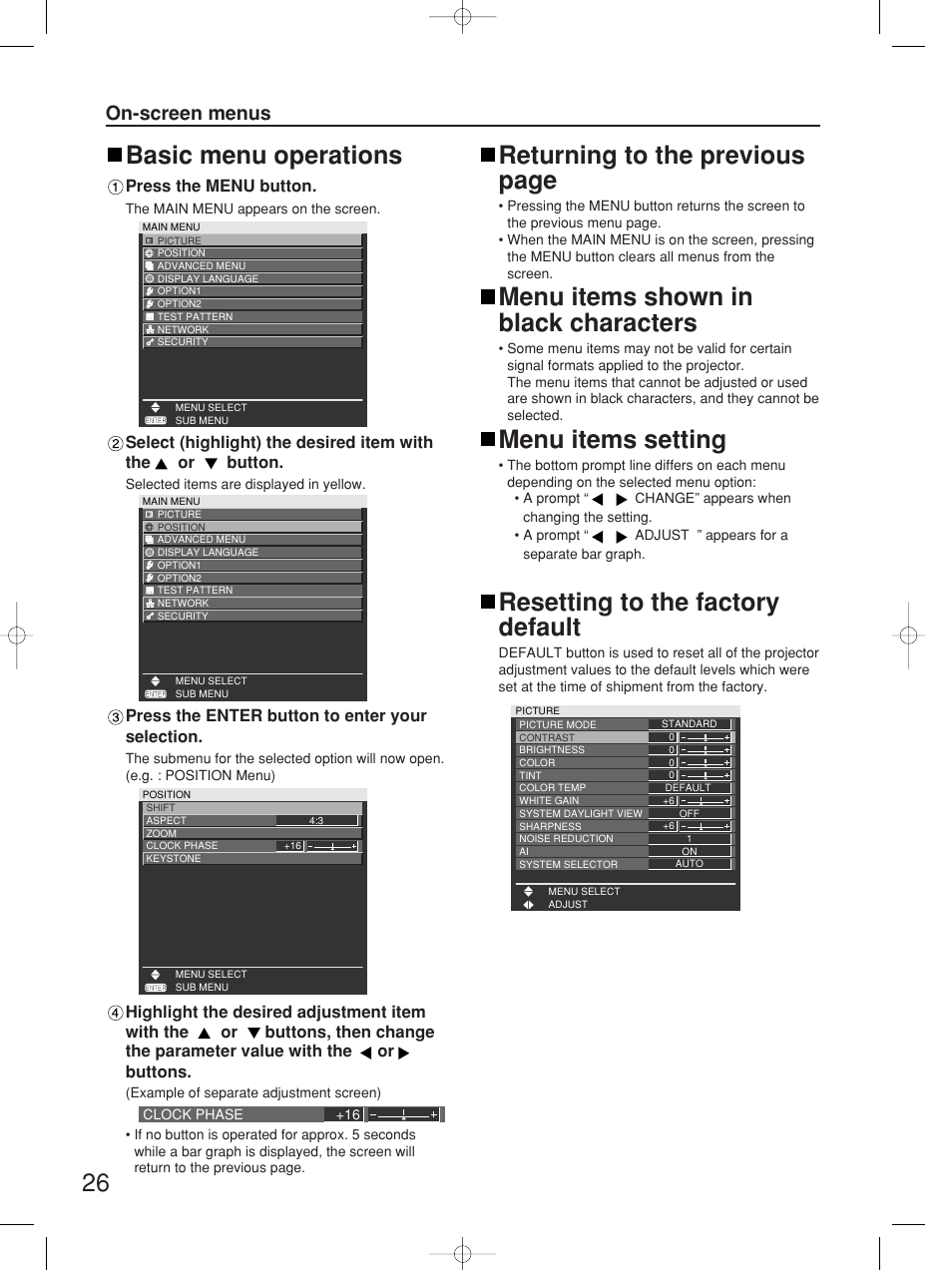 Returning to the previous page, Menu items shown in black characters, Menu items setting | Resetting to the factory default, Basic menu operations, On-screen menus | Panasonic PT-D4000E User Manual | Page 26 / 60