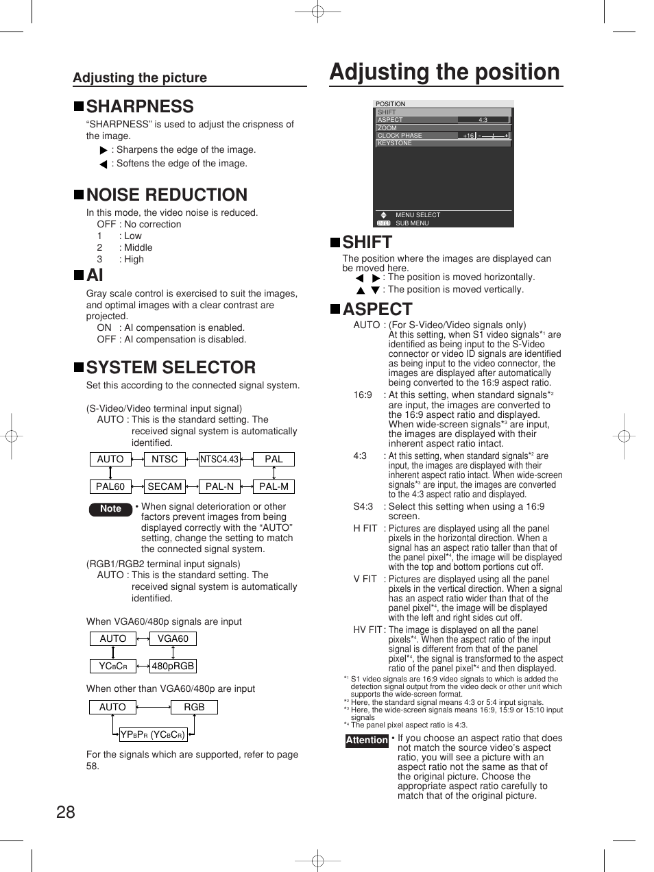Adjusting the position, Shift, Aspect | Sharpness, Noise reduction, System selector, Adjusting the picture | Panasonic PT-D4000E User Manual | Page 28 / 60