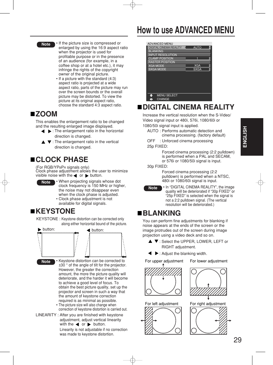 How to use advanced menu, Keystone, Zoom | Clock phase, Digital cinema reality, Blanking | Panasonic PT-D4000E User Manual | Page 29 / 60