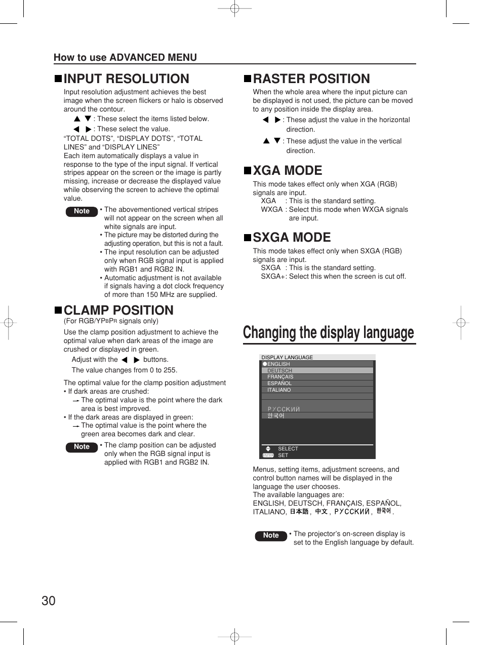 Changing the display language, Raster position, Xga mode | Sxga mode, Input resolution, Clamp position, How to use advanced menu | Panasonic PT-D4000E User Manual | Page 30 / 60