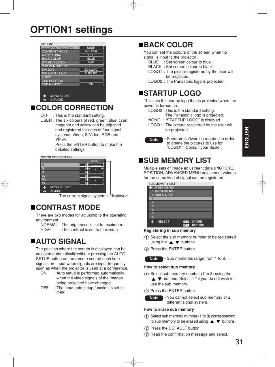 Option1 settings, Color correction, Contrast mode | Auto signal, Back color, Startup logo | Panasonic PT-D4000E User Manual | Page 31 / 60