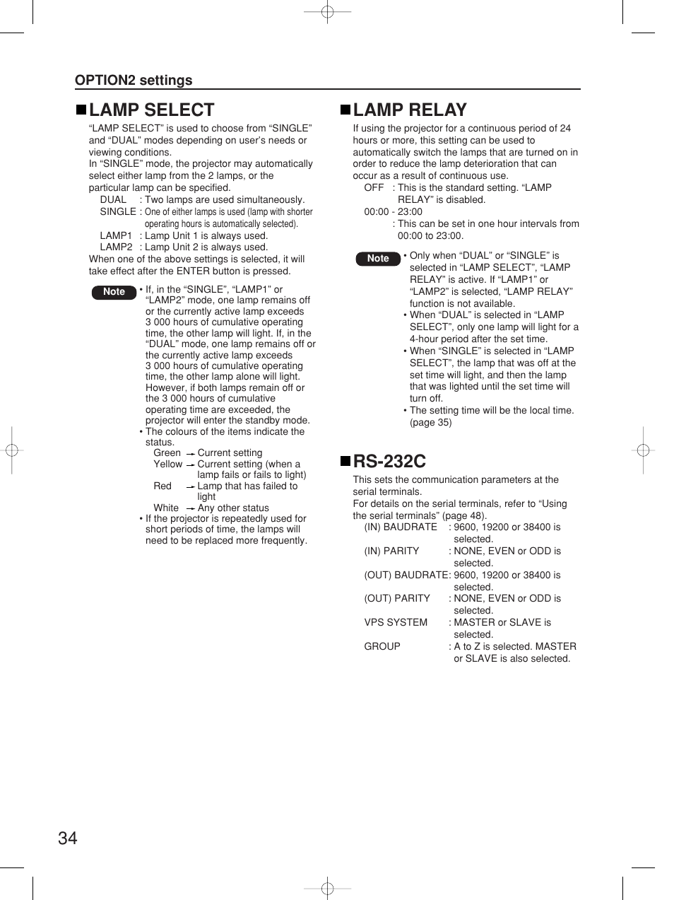 Lamp select, Lamp relay, Rs-232c | Option2 settings | Panasonic PT-D4000E User Manual | Page 34 / 60