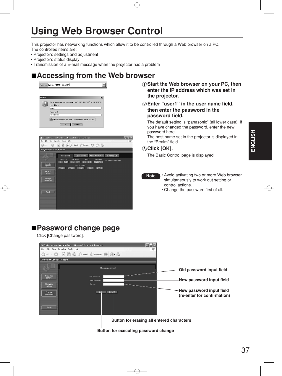 Using web browser control, Accessing from the web browser, Password change page | Panasonic PT-D4000E User Manual | Page 37 / 60