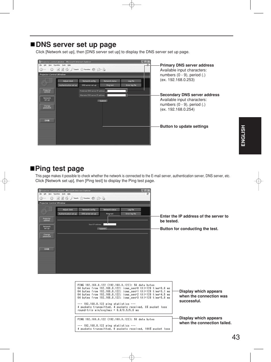 Ping test page, Dns server set up page | Panasonic PT-D4000E User Manual | Page 43 / 60