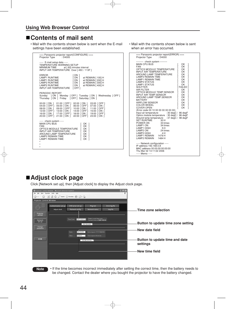 Contents of mail sent, Adjust clock page, Using web browser control | Panasonic PT-D4000E User Manual | Page 44 / 60