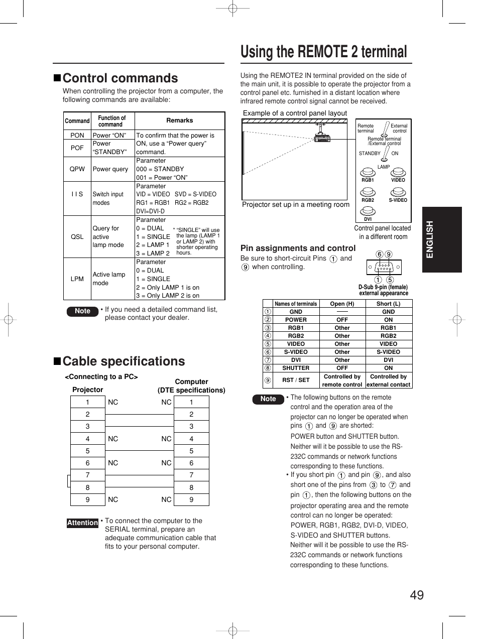 Using the remote 2 terminal, Cable specifications control commands | Panasonic PT-D4000E User Manual | Page 49 / 60