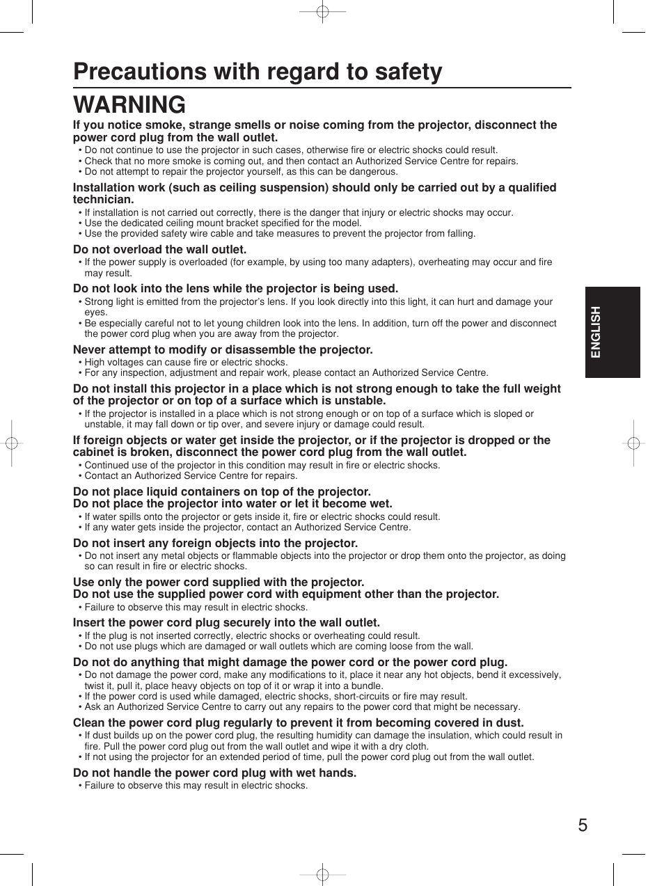 Precautions with regard to safety, Warning | Panasonic PT-D4000E User Manual | Page 5 / 60