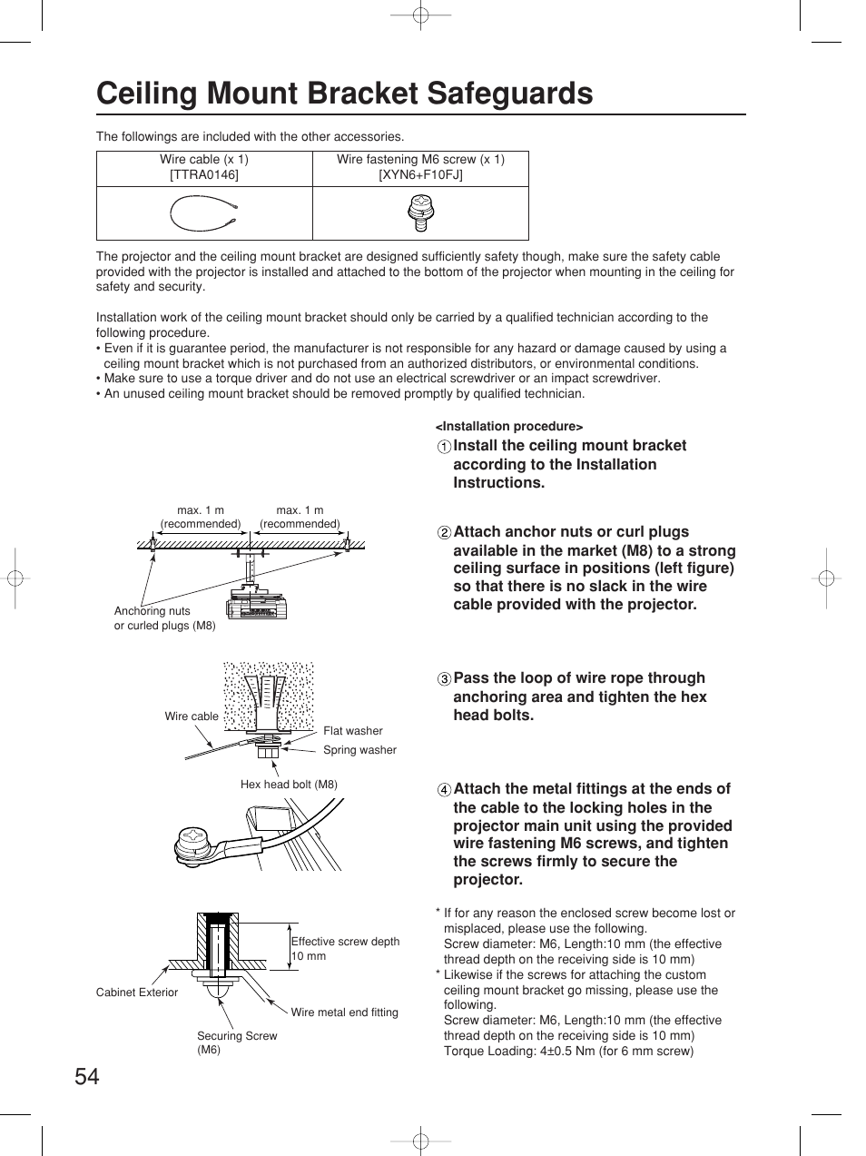 Ceiling mount bracket safeguards | Panasonic PT-D4000E User Manual | Page 54 / 60