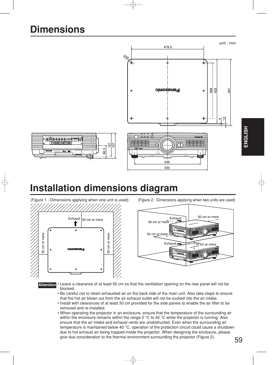 Dimensions, Installation dimensions diagram, English | Pc< tbmu448, Unit : mm | Panasonic PT-D4000E User Manual | Page 59 / 60