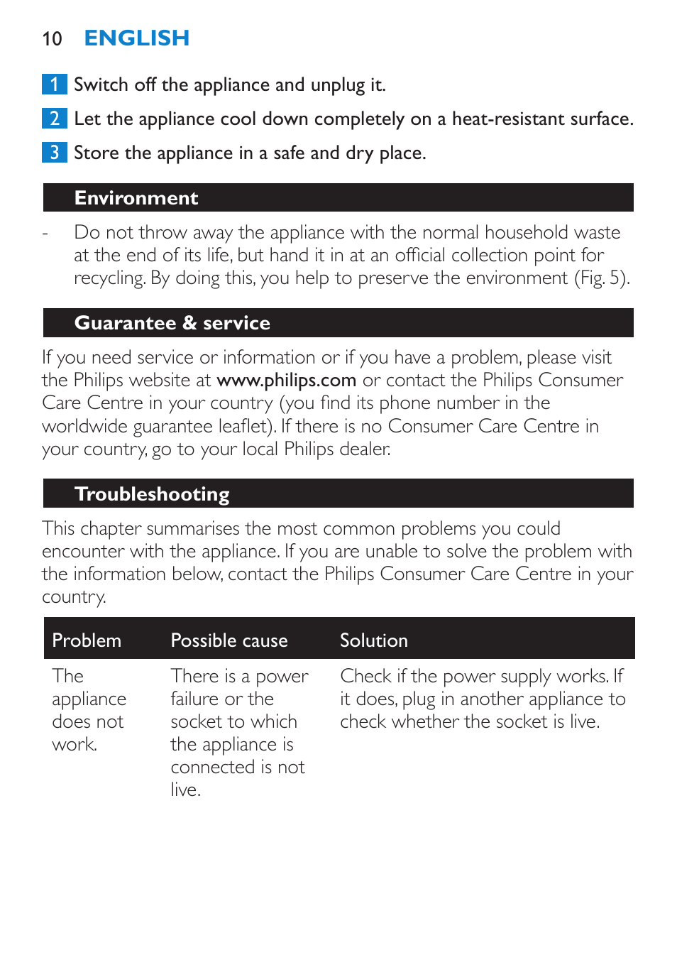 Environment, Guarantee & service, Troubleshooting | Philips SalonStraight Glamour Haarglätter User Manual | Page 10 / 84