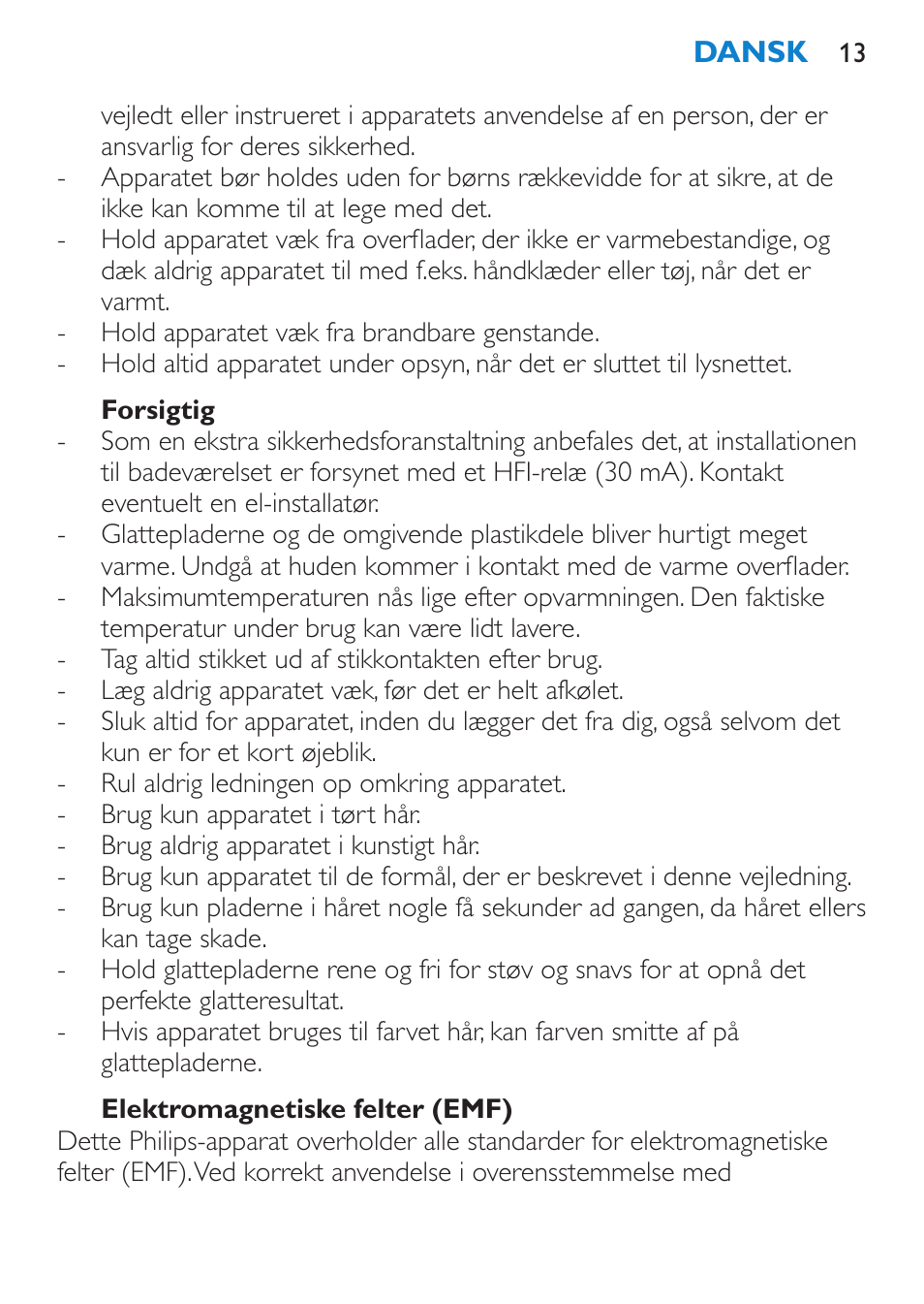 Forsigtig, Elektromagnetiske felter (emf) | Philips SalonStraight Glamour Haarglätter User Manual | Page 13 / 84