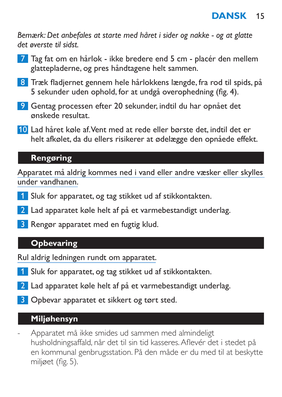 Rengøring, Opbevaring, Miljøhensyn | Philips SalonStraight Glamour Haarglätter User Manual | Page 15 / 84