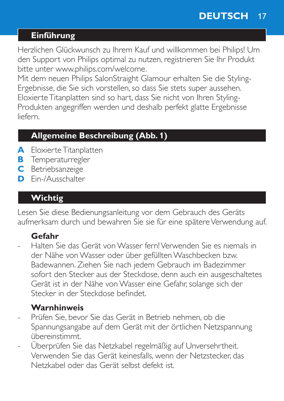 Gefahr, Warnhinweis, Deutsch | Einführung, Allgemeine beschreibung (abb. 1), Wichtig | Philips SalonStraight Glamour Haarglätter User Manual | Page 17 / 84