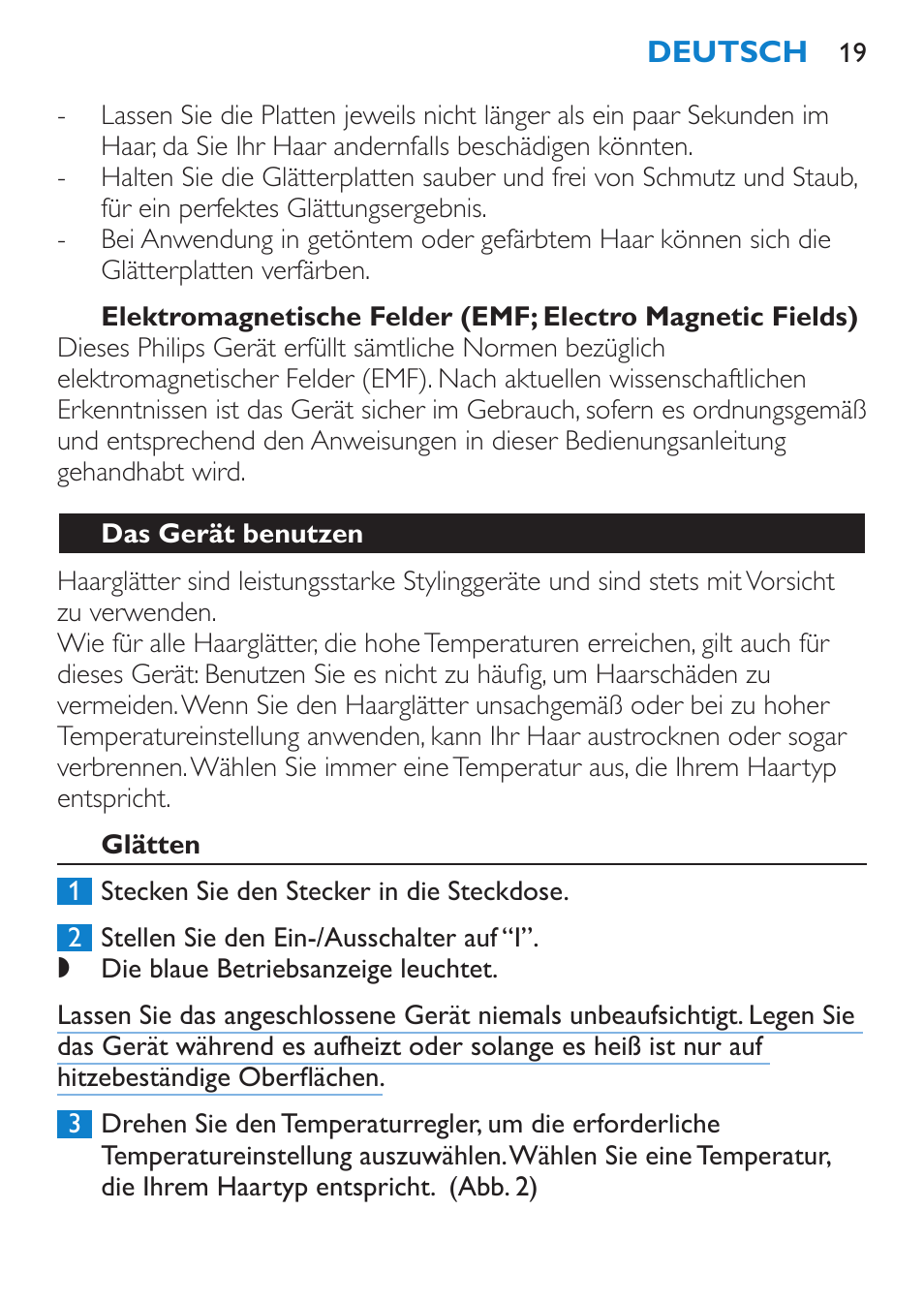 Das gerät benutzen, Glätten | Philips SalonStraight Glamour Haarglätter User Manual | Page 19 / 84