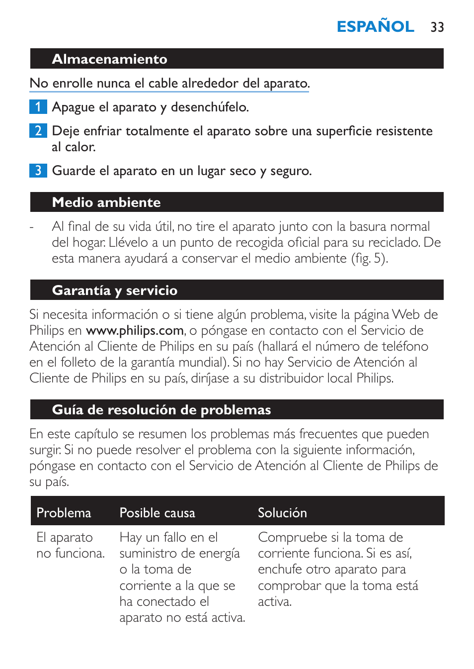 Almacenamiento, Medio ambiente, Garantía y servicio | Guía de resolución de problemas | Philips SalonStraight Glamour Haarglätter User Manual | Page 33 / 84