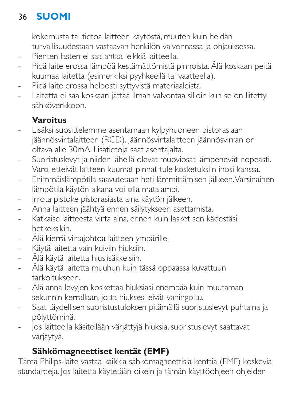 Varoitus, Sähkömagneettiset kentät (emf) | Philips SalonStraight Glamour Haarglätter User Manual | Page 36 / 84