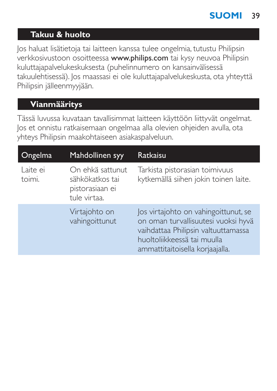 Takuu & huolto, Vianmääritys | Philips SalonStraight Glamour Haarglätter User Manual | Page 39 / 84