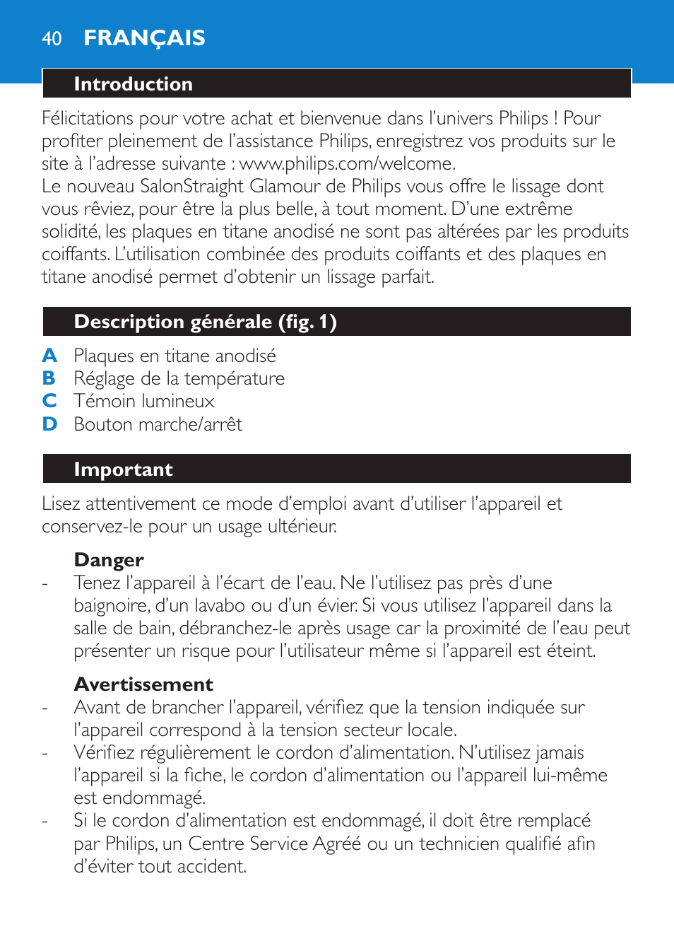 Danger, Avertissement, Français | Introduction, Description générale (fig. 1), Important | Philips SalonStraight Glamour Haarglätter User Manual | Page 40 / 84