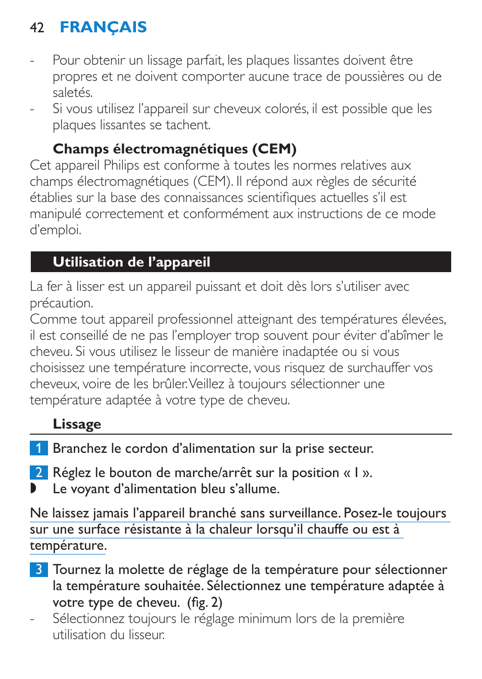 Champs électromagnétiques (cem), Utilisation de l’appareil, Lissage | Philips SalonStraight Glamour Haarglätter User Manual | Page 42 / 84