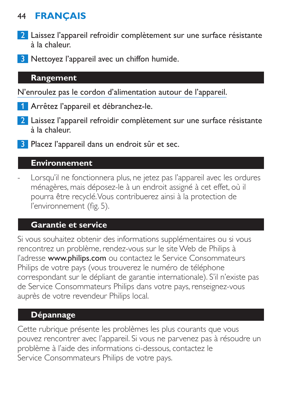 Rangement, Environnement, Garantie et service | Dépannage | Philips SalonStraight Glamour Haarglätter User Manual | Page 44 / 84