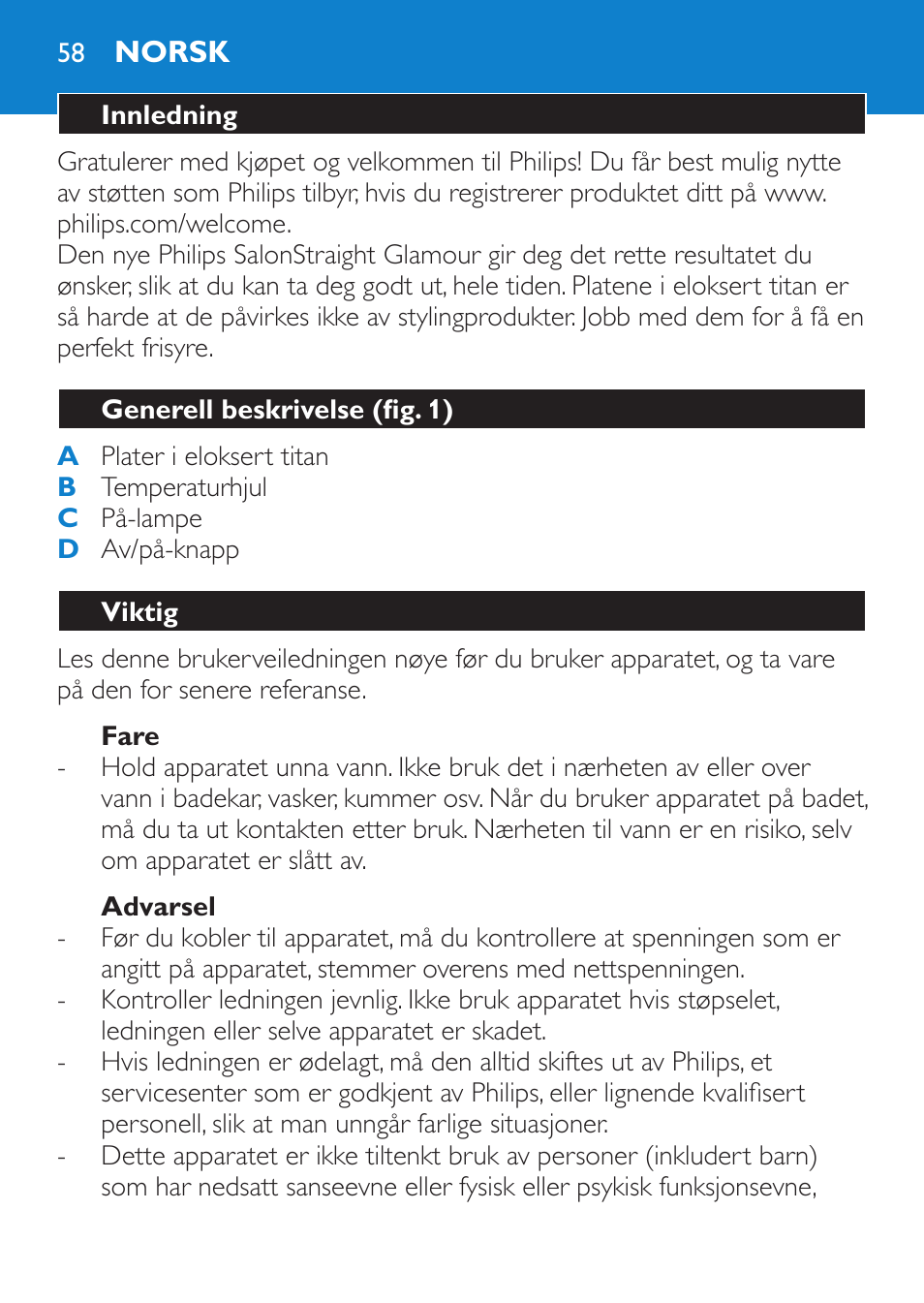 Fare, Advarsel, Norsk | Innledning, Generell beskrivelse (fig. 1), Viktig | Philips SalonStraight Glamour Haarglätter User Manual | Page 58 / 84