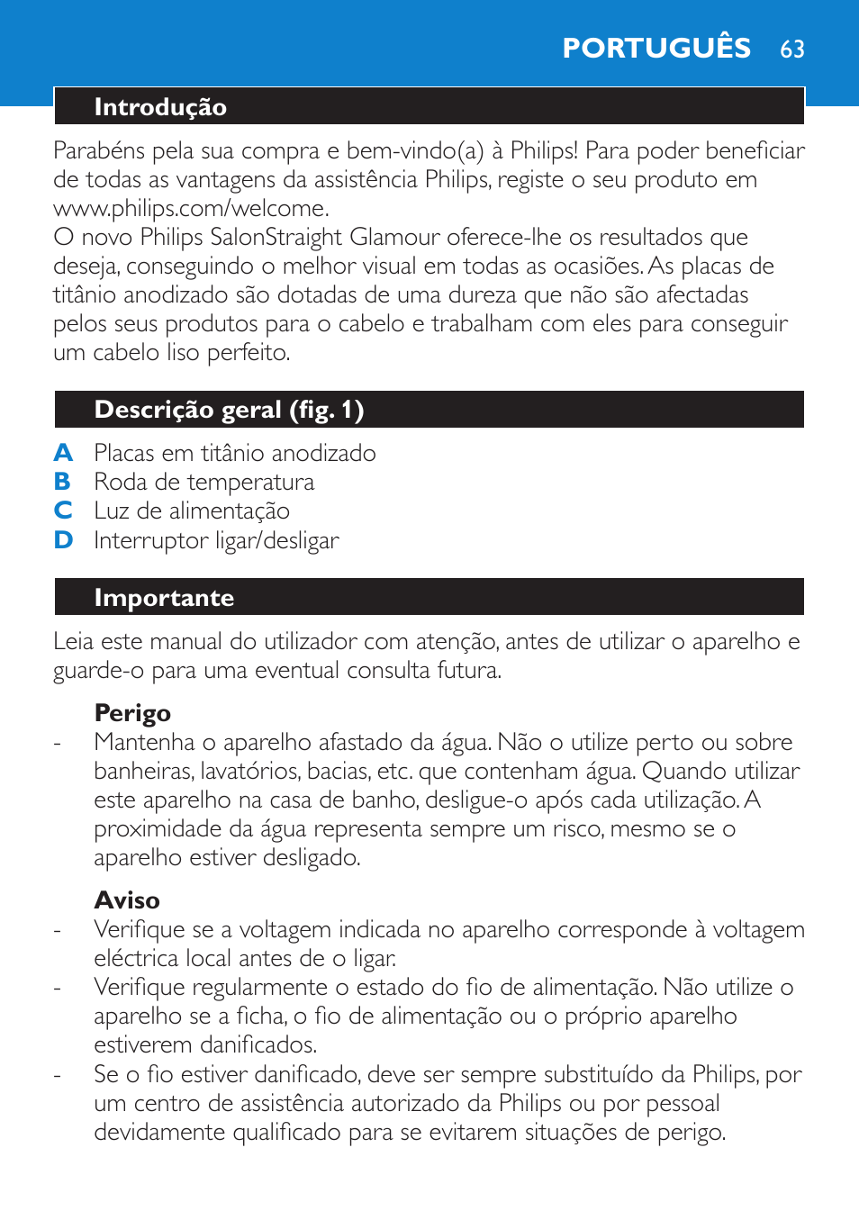 Perigo, Aviso, Português | Introdução, Descrição geral (fig. 1), Importante | Philips SalonStraight Glamour Haarglätter User Manual | Page 63 / 84