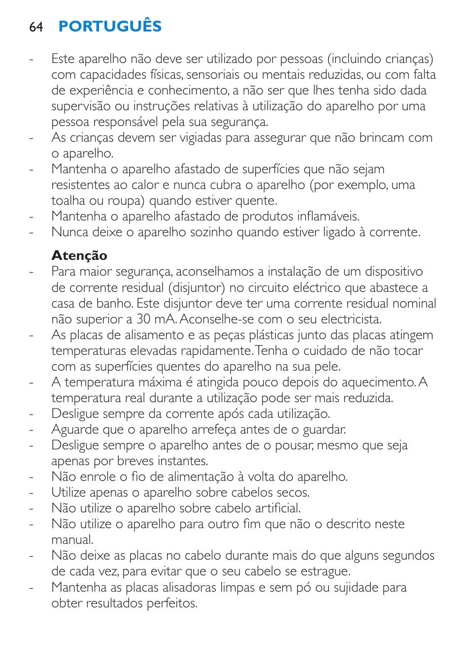 Atenção | Philips SalonStraight Glamour Haarglätter User Manual | Page 64 / 84