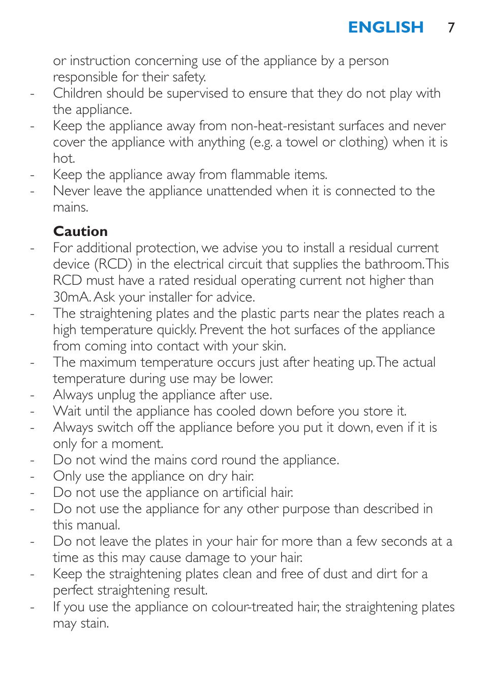 Caution | Philips SalonStraight Glamour Haarglätter User Manual | Page 7 / 84