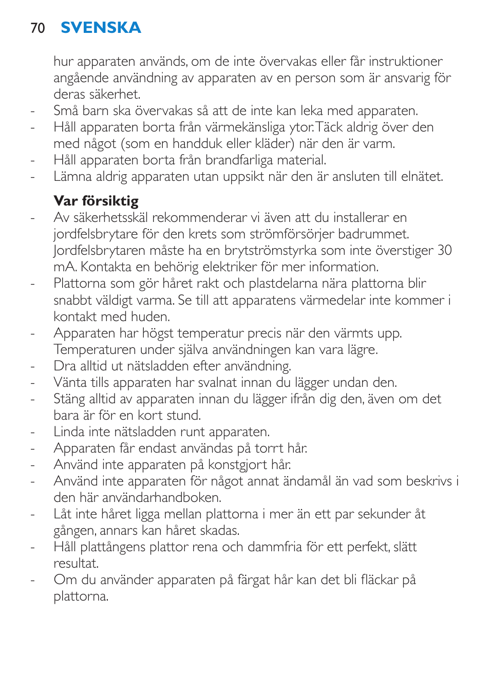 Var försiktig | Philips SalonStraight Glamour Haarglätter User Manual | Page 70 / 84