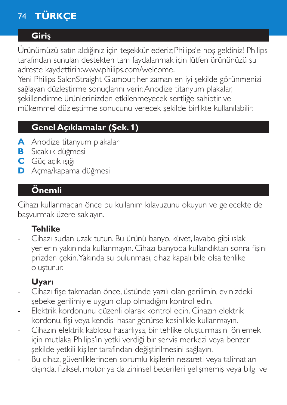 Tehlike, Uyarı, Türkçe | Giriş, Genel açıklamalar (şek. 1), Önemli | Philips SalonStraight Glamour Haarglätter User Manual | Page 74 / 84