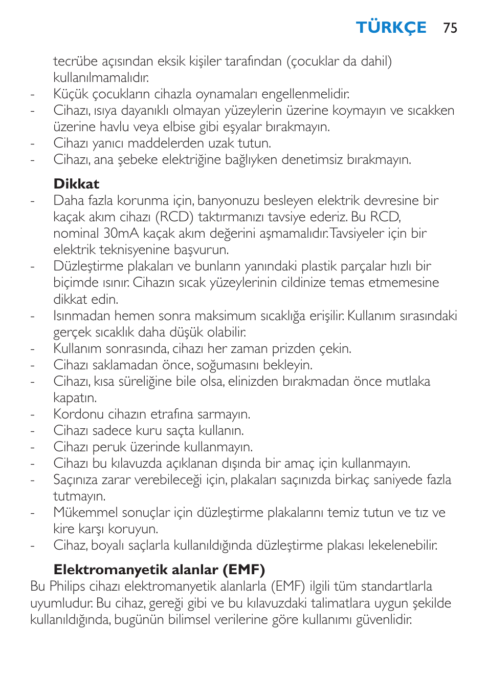 Dikkat, Elektromanyetik alanlar (emf) | Philips SalonStraight Glamour Haarglätter User Manual | Page 75 / 84