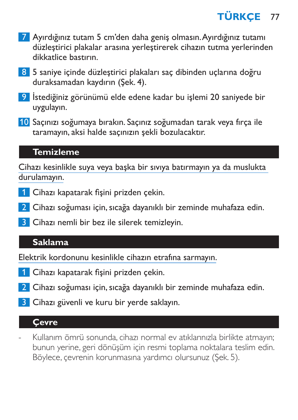 Temizleme, Saklama, Çevre | Philips SalonStraight Glamour Haarglätter User Manual | Page 77 / 84