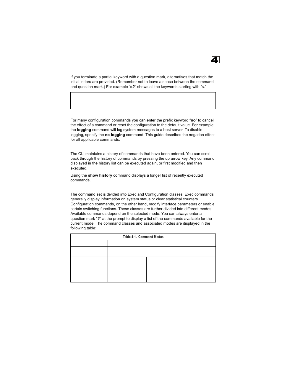 Partial keyword lookup, Negating the effect of commands, Using command history | Understanding command modes, Table 4-1, Command modes | Alcatel Carrier Internetworking Solutions OmniStack 6300-24 User Manual | Page 217 / 462