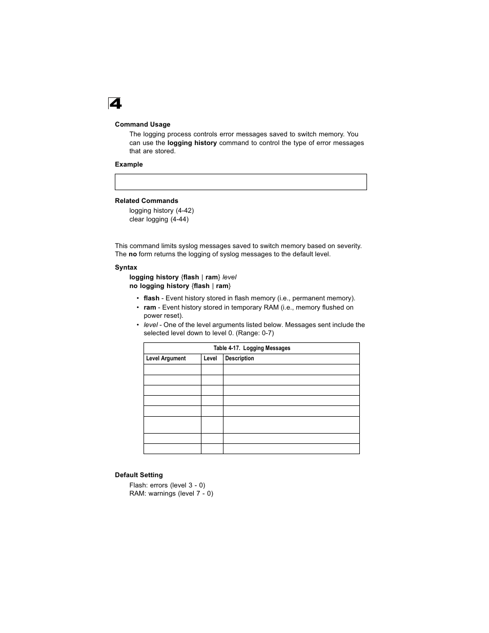 Logging history, Table 4-17, Logging messages | Alcatel Carrier Internetworking Solutions OmniStack 6300-24 User Manual | Page 254 / 462