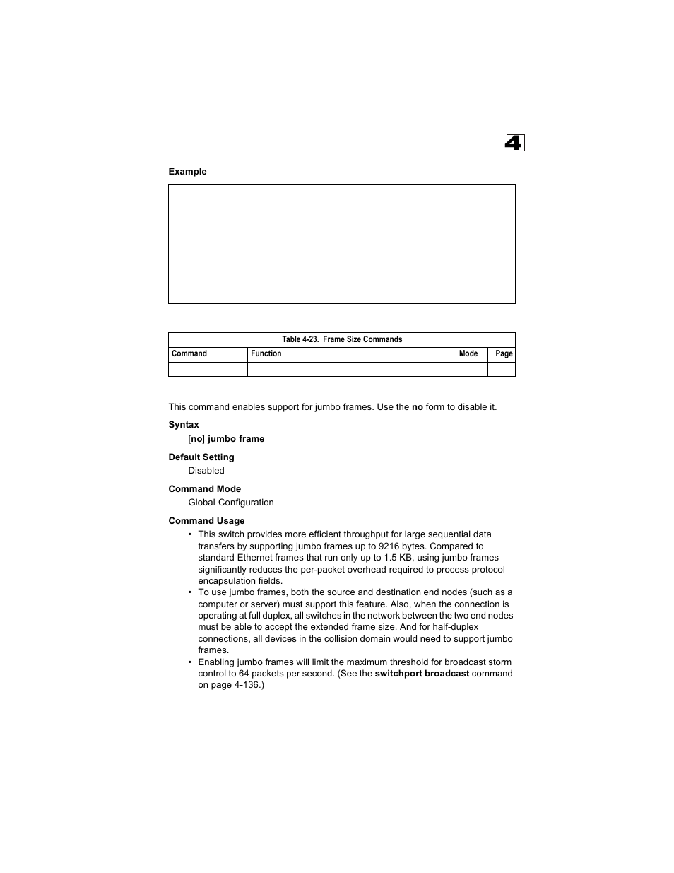 Frame size commands, Jumbo frame, Table 4-23 | Alcatel Carrier Internetworking Solutions OmniStack 6300-24 User Manual | Page 273 / 462