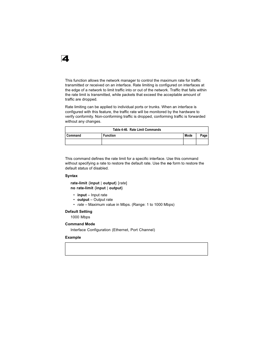 Rate limit commands, Rate-limit, Rate-limit 4-146 | Table 4-46 | Alcatel Carrier Internetworking Solutions OmniStack 6300-24 User Manual | Page 358 / 462