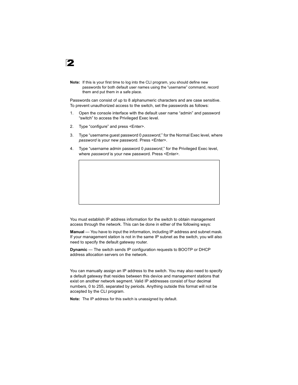 Setting passwords, Setting an ip address, Manual configuration | Alcatel Carrier Internetworking Solutions OmniStack 6300-24 User Manual | Page 36 / 462