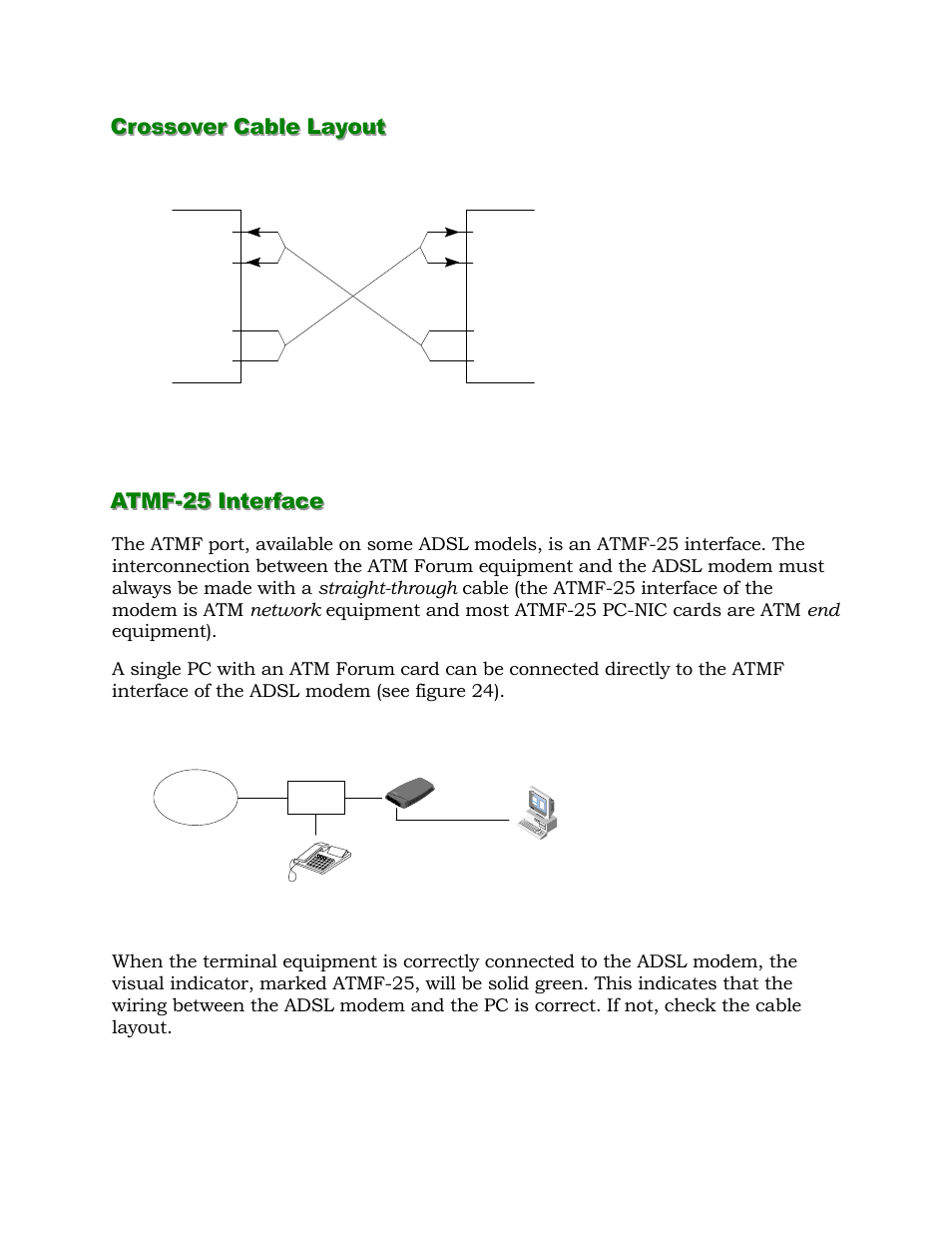 Crossover cable layout, Atm-25 interface, Atmf-25 interface | Alcatel Carrier Internetworking Solutions 1000 ADSL User Manual | Page 40 / 78
