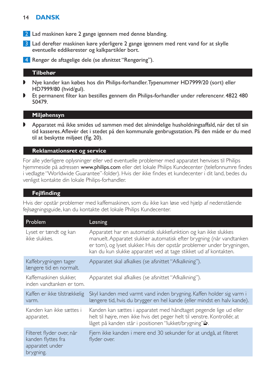 Tilbehør, Miljøhensyn, Reklamationsret og service | Fejlfinding | Philips Kaffeemaschine User Manual | Page 14 / 84