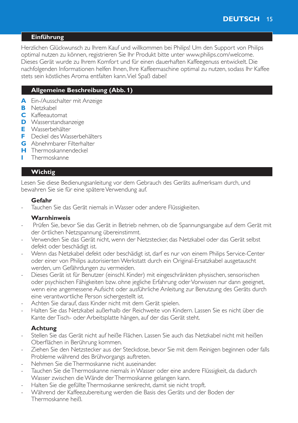 Gefahr, Warnhinweis, Achtung | Deutsch, Einführung, Allgemeine beschreibung (abb. 1), Wichtig | Philips Kaffeemaschine User Manual | Page 15 / 84