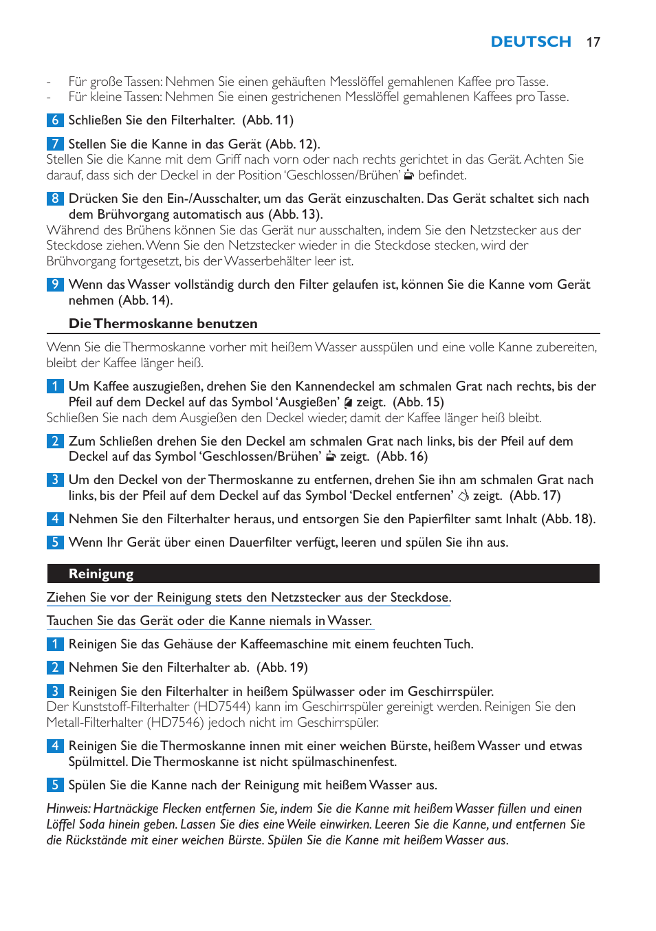 Die thermoskanne benutzen, Reinigung, Entkalken | Philips Kaffeemaschine User Manual | Page 17 / 84