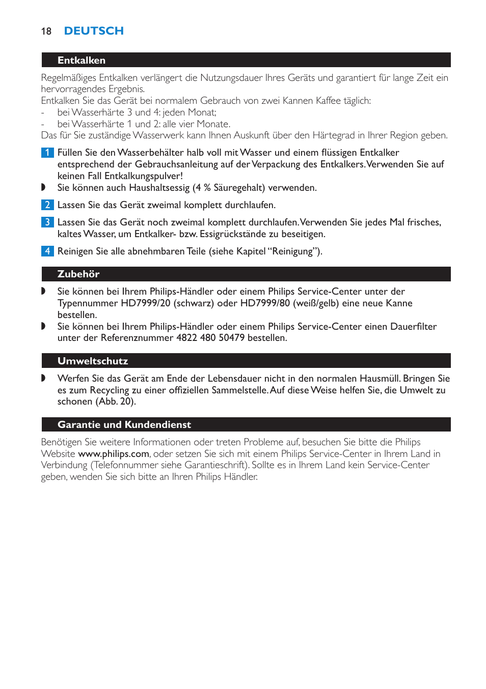 Zubehör, Umweltschutz, Garantie und kundendienst | Fehlerbehebung | Philips Kaffeemaschine User Manual | Page 18 / 84