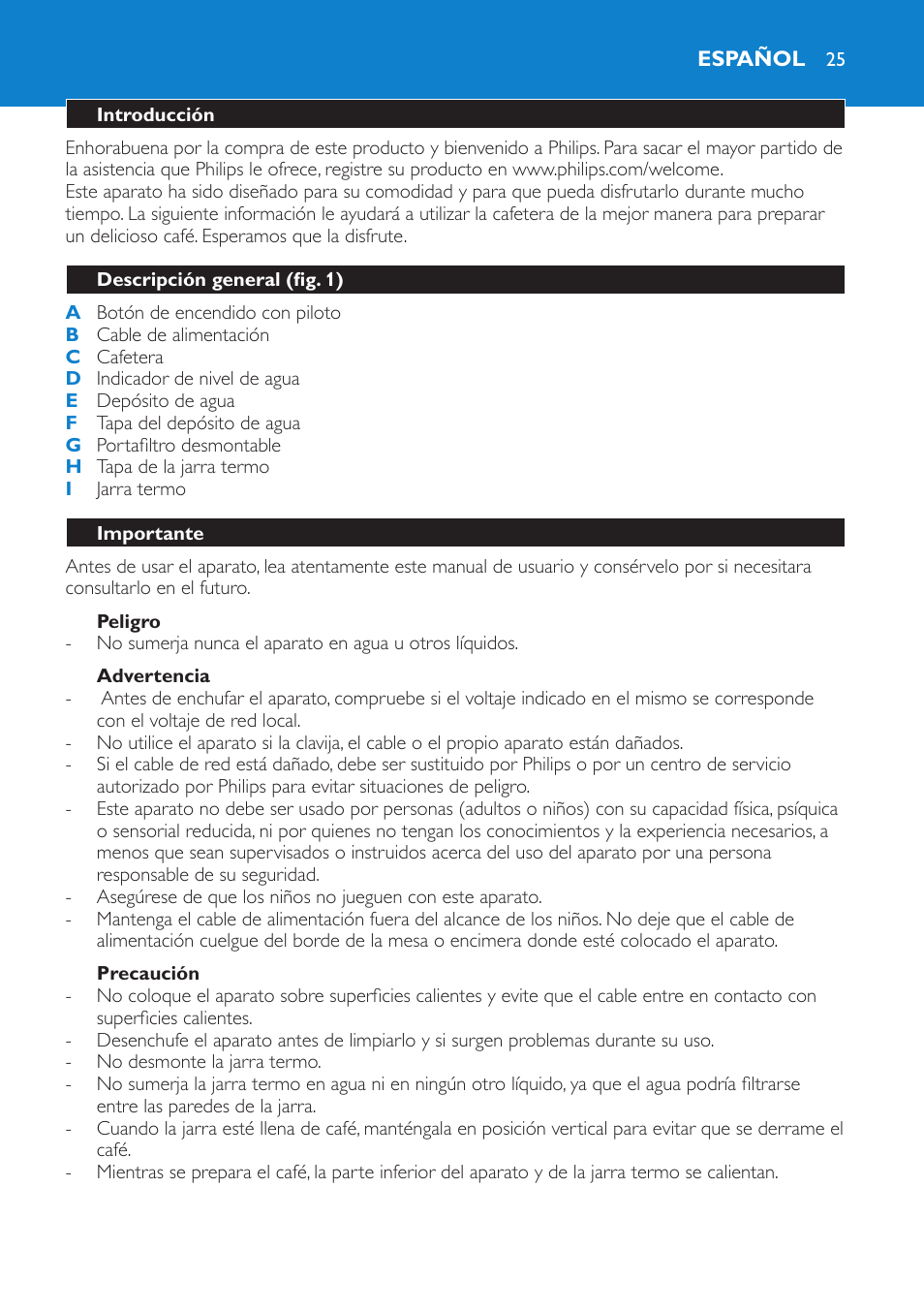 Peligro, Advertencia, Precaución | Español, Introducción, Descripción general (fig. 1), Importante | Philips Kaffeemaschine User Manual | Page 25 / 84