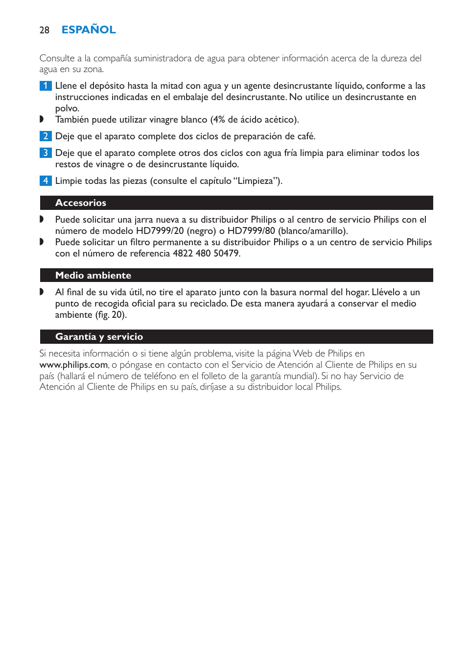 Accesorios, Medio ambiente, Garantía y servicio | Guía de resolución de problemas | Philips Kaffeemaschine User Manual | Page 28 / 84